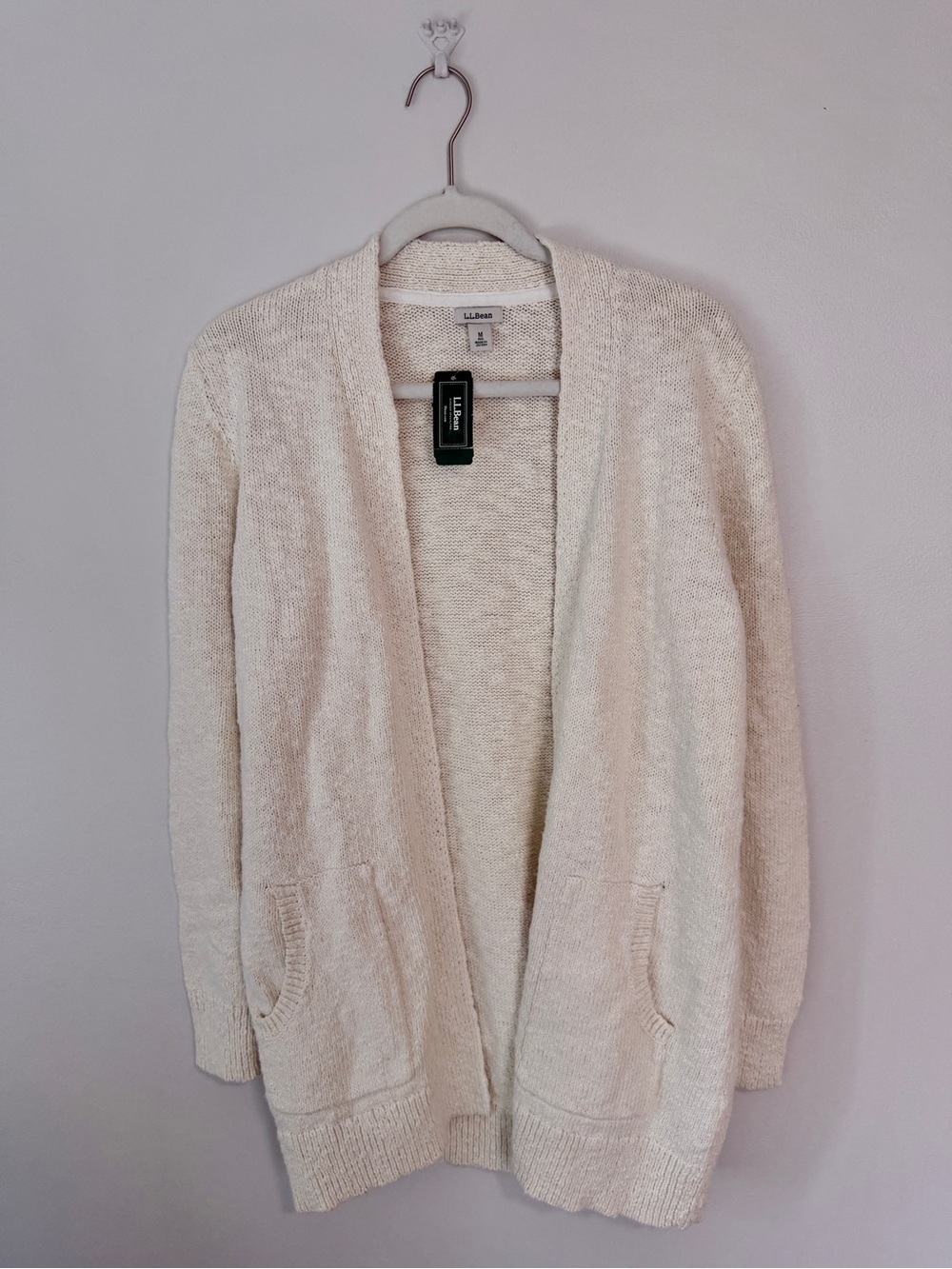 LL Bean Cotton Ragg Open Cardigan Sweater Medium NEW Cream